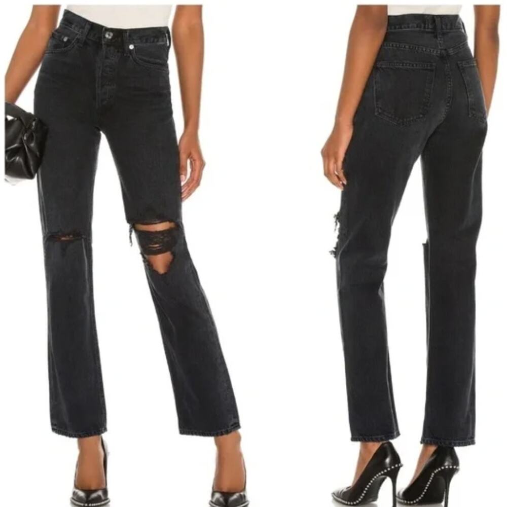 Agolde Lana Jean Mid Rise Vintage Straight Distressed Black Disorder Capsule - Picture 1 of 12